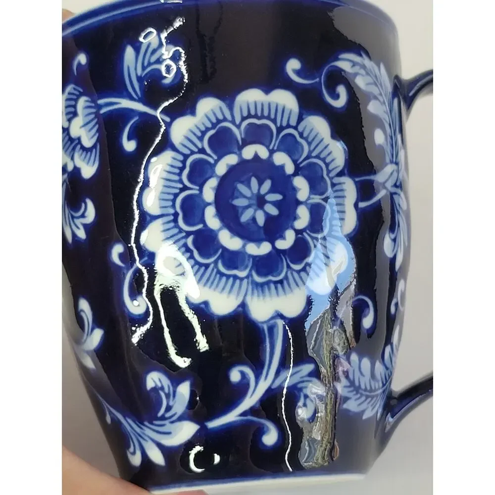 Pier 1 Exclusive MANDARIN Floral Cobalt Blue White Porcelain 14oz Coffee/Tea Mug